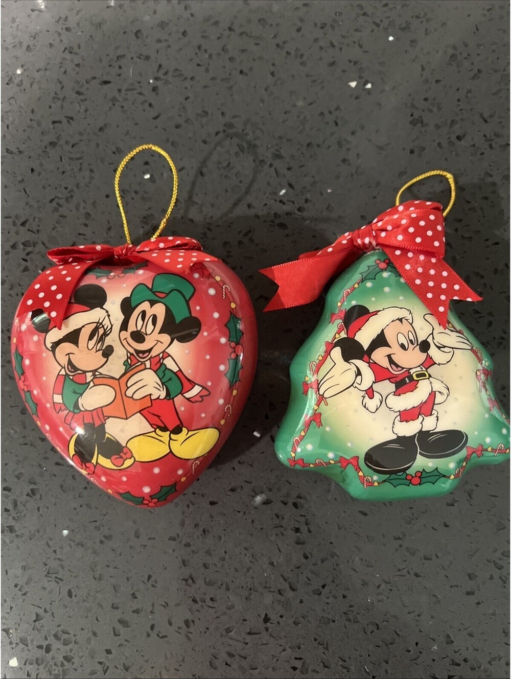Set Of 2 VTG DISNEY CHRISTMAS ORNAMENT MICKEY & MINNIE DECOUPAGE